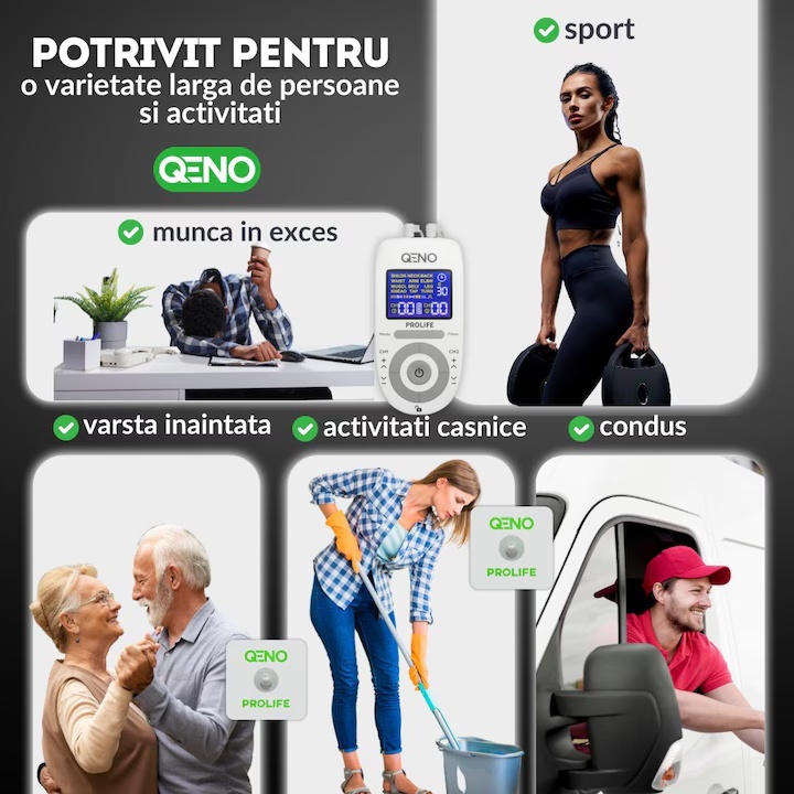 Aparat De Masaj Cu Electrostimulare Pentru Fizioterapie/Electroterapie QENO® ProLife, Cu 30 Niveluri De Intensitate, 8 Electrozi, Doua Canale De Utilizare, 12 Programe De Masaj, Display Digital, Alb