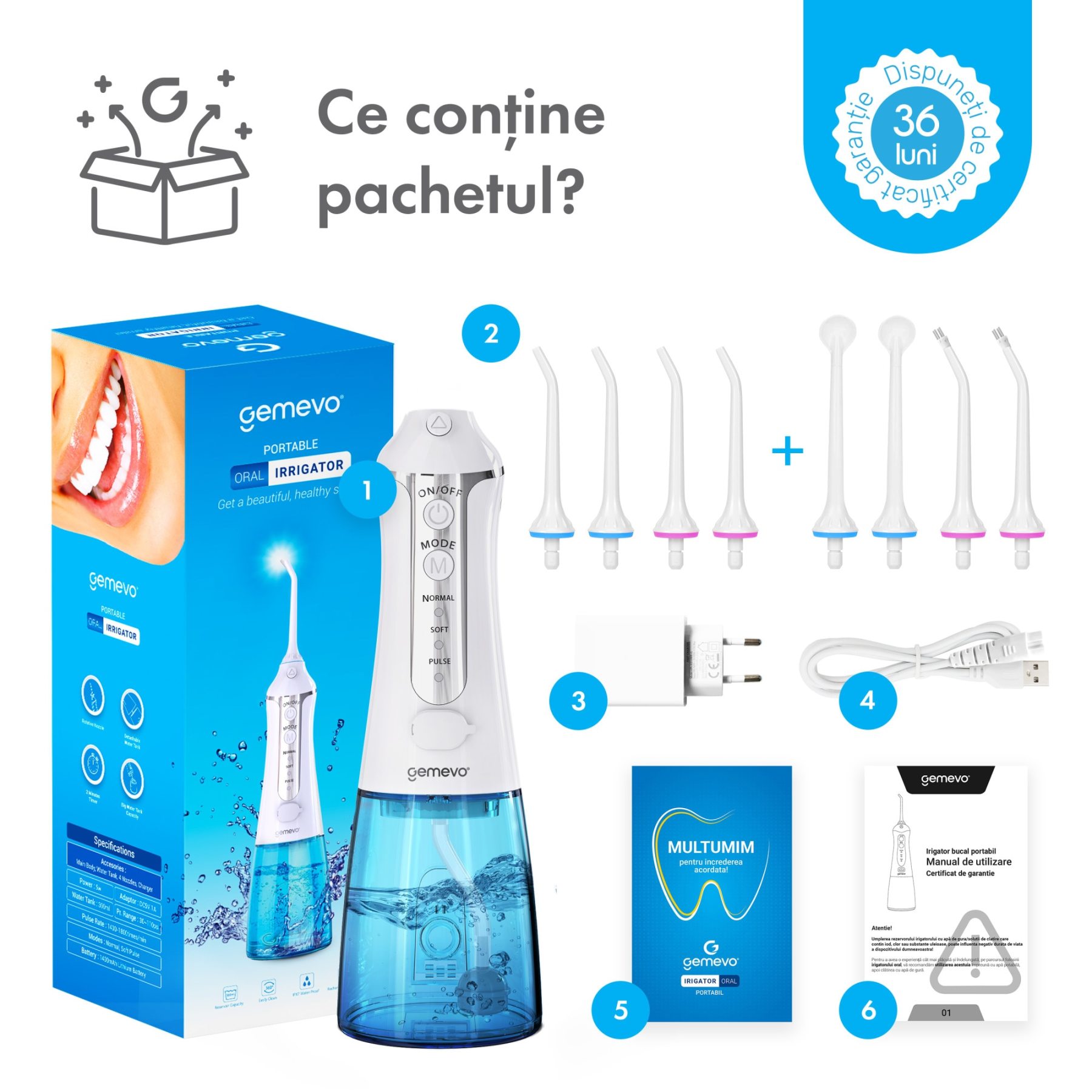 Irigator Oral Profesional pentru Dus Bucal, Gemevo® Family, fara fir,