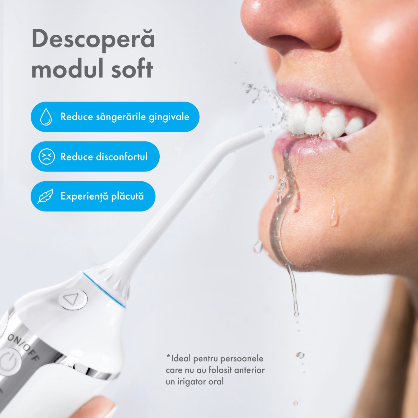 Irigator Oral Profesional pentru Dus Bucal, Gemevo® Family, fara fir, portabil, IPX7, Protectie supraincalzire, Rezervor 300 ml, Culoare Alb/Albastru