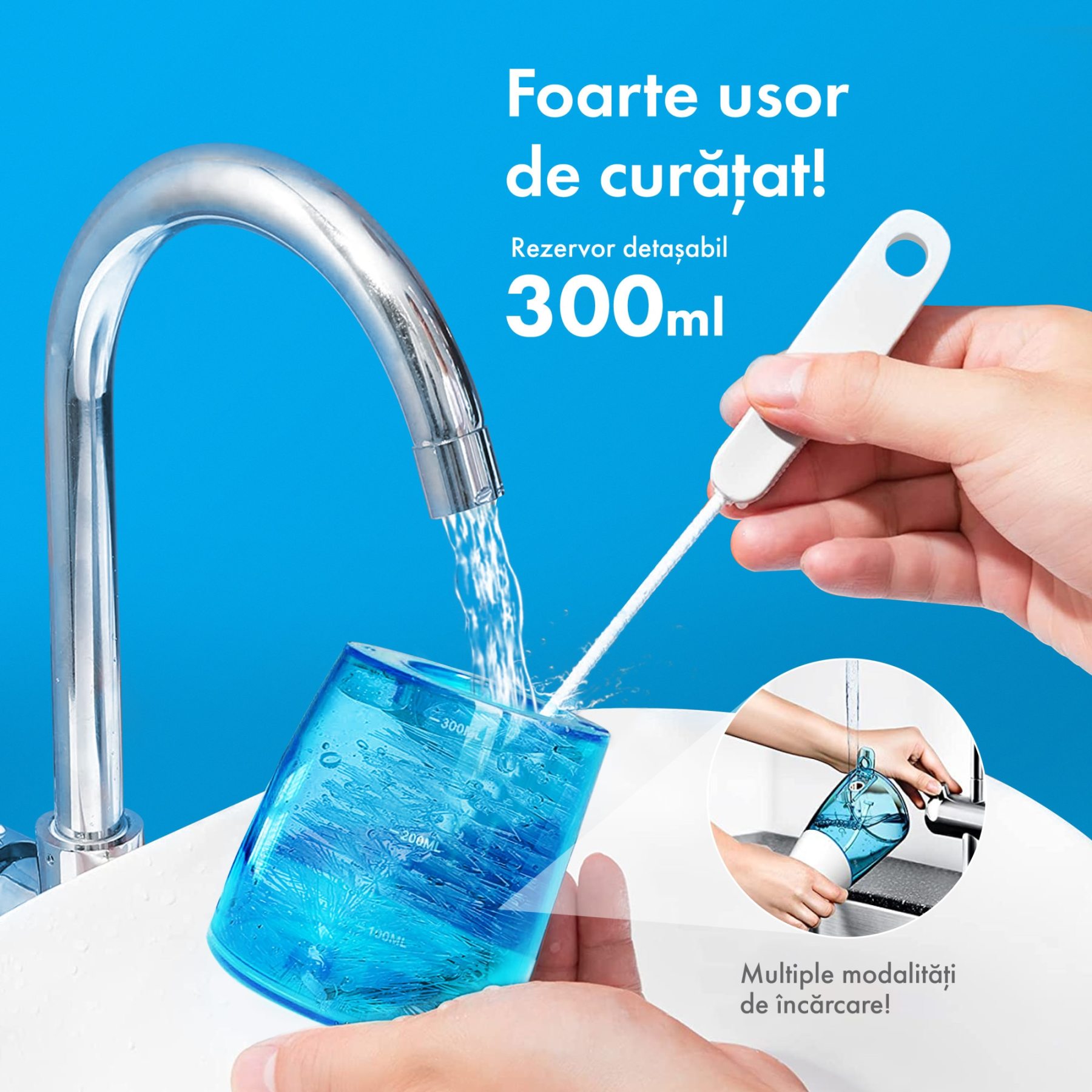 Irigator Oral Profesional pentru Dus Bucal, Gemevo® Family, fara fir, portabil, IPX7, Protectie supraincalzire, Rezervor 300 ml, Culoare Alb/Albastru