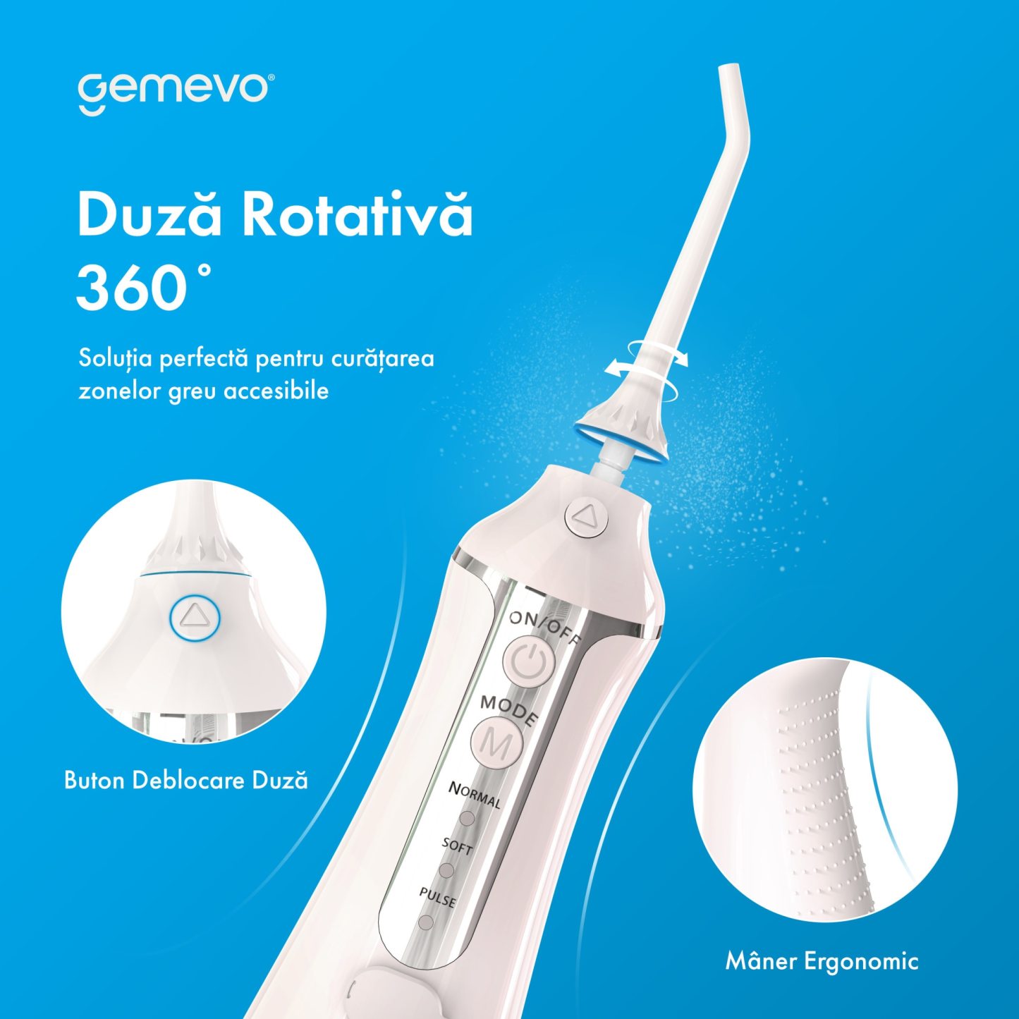 Irigator Oral Profesional pentru Dus Bucal, Gemevo® Family, fara fir, portabil, IPX7, Protectie supraincalzire, Rezervor 300 ml, Culoare Alb/Albastru