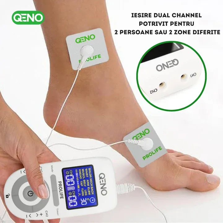 Aparat De Masaj Cu Electrostimulare Pentru Fizioterapie/Electroterapie QENO® ProLife, Cu 30 Niveluri De Intensitate, 8 Electrozi, Doua Canale De Utilizare, 12 Programe De Masaj, Display Digital, Alb
