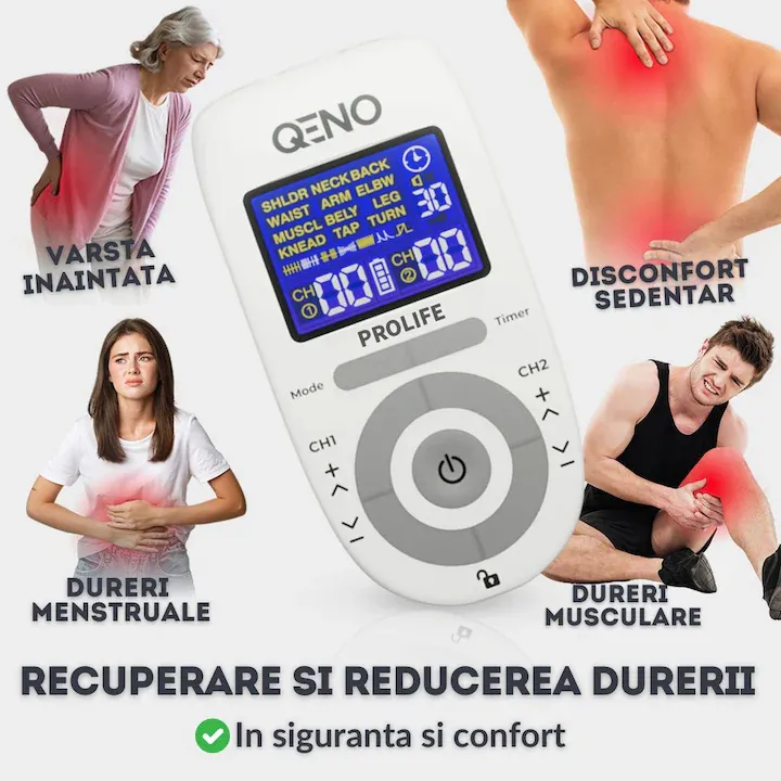 Aparat De Masaj Cu Electrostimulare Pentru Fizioterapie/Electroterapie QENO® ProLife, Cu 30 Niveluri De Intensitate, 8 Electrozi, Doua Canale De Utilizare, 12 Programe De Masaj, Display Digital, Alb