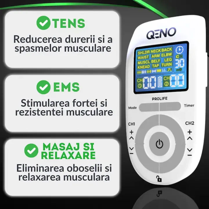 Aparat De Masaj Cu Electrostimulare Pentru Fizioterapie/Electroterapie QENO® ProLife, Cu 30 Niveluri De Intensitate, 8 Electrozi, Doua Canale De Utilizare, 12 Programe De Masaj, Display Digital, Alb