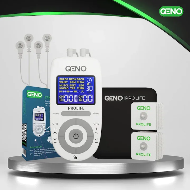 Aparat De Masaj Cu Electrostimulare Pentru Fizioterapie/Electroterapie QENO® ProLife, Cu 30 Niveluri De Intensitate, 8 Electrozi, Doua Canale De Utilizare, 12 Programe De Masaj, Display Digital, Alb
