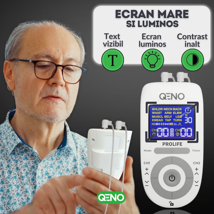 Aparat De Masaj Cu Electrostimulare Pentru Fizioterapie/Electroterapie QENO® ProLife, Cu 30 Niveluri De Intensitate, 8 Electrozi, Doua Canale De Utilizare, 12 Programe De Masaj, Display Digital, Alb