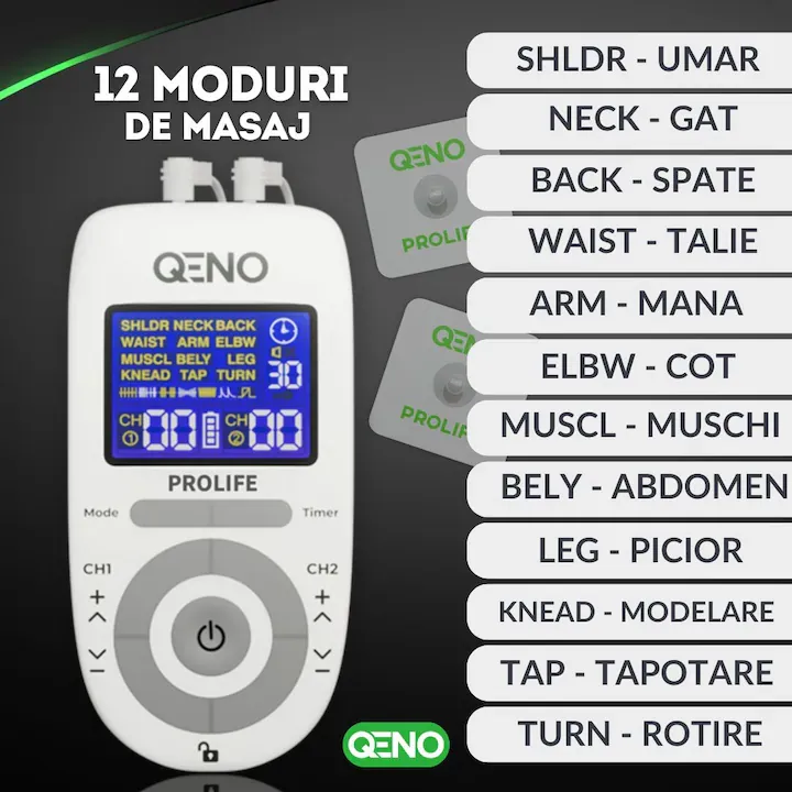 Aparat De Masaj Cu Electrostimulare Pentru Fizioterapie/Electroterapie QENO® ProLife, Cu 30 Niveluri De Intensitate, 8 Electrozi, Doua Canale De Utilizare, 12 Programe De Masaj, Display Digital, Alb