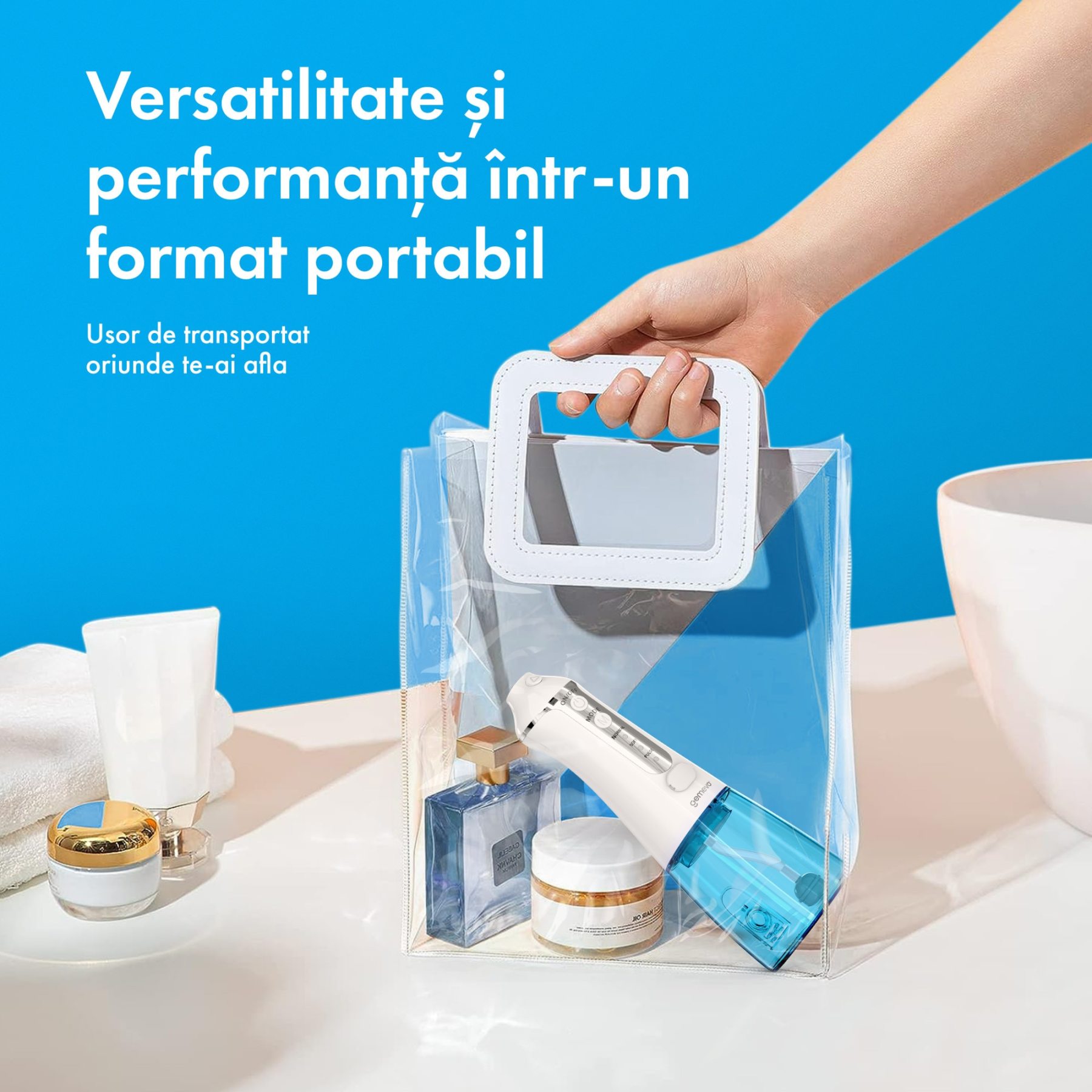 Irigator Oral Profesional pentru Dus Bucal, Gemevo® Family, fara fir, portabil, IPX7, Protectie supraincalzire, Rezervor 300 ml, Culoare Alb/Albastru
