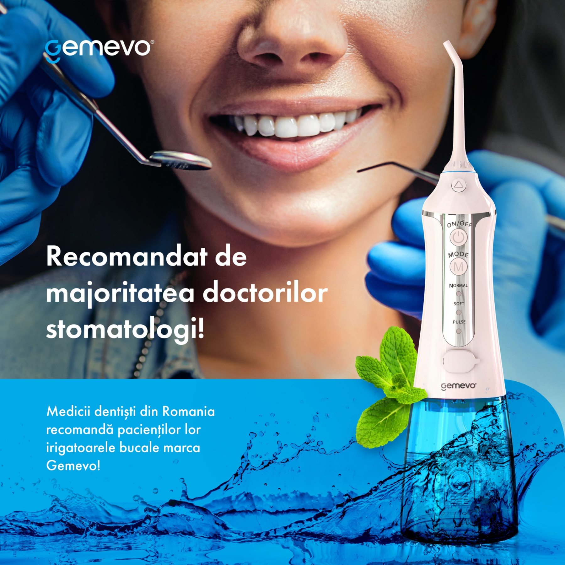Irigator Oral Profesional pentru Dus Bucal, Gemevo® Family, fara fir, portabil, IPX7, Protectie supraincalzire, Rezervor 300 ml, Culoare Alb/Albastru