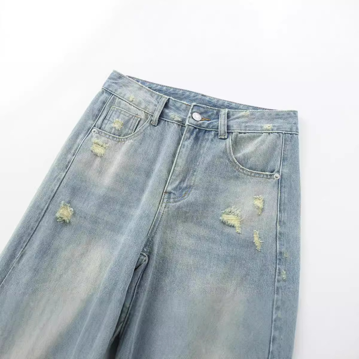 女装时尚破洞装饰中腰直筒牛仔裤