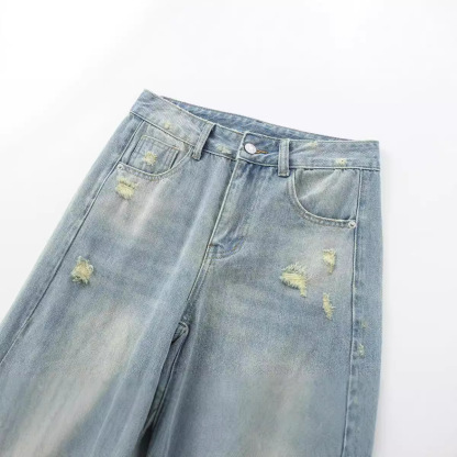 女装时尚破洞装饰中腰直筒牛仔裤