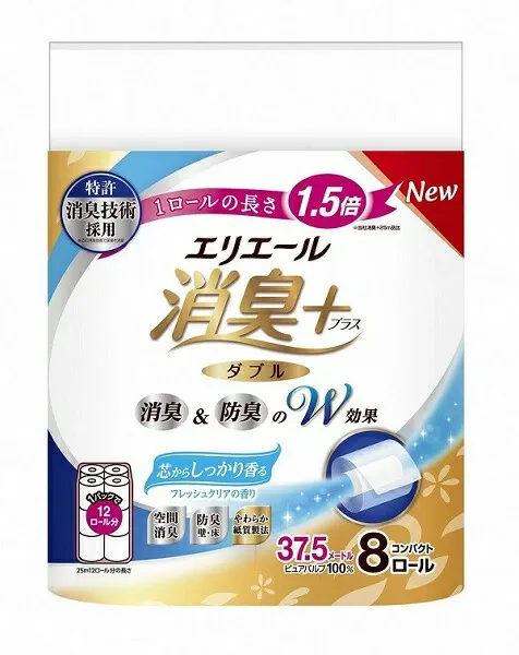 エリエール 消臭＋ トイレットティシュー しっかり香るフレッシュクリアの香り コンパクトダブル 【選べるロール数：32・64・96 ロール】 1.5倍巻 37.5m トイレットペーパー ダブル パルプ100％ 日用品 消耗品 備蓄 送料無料