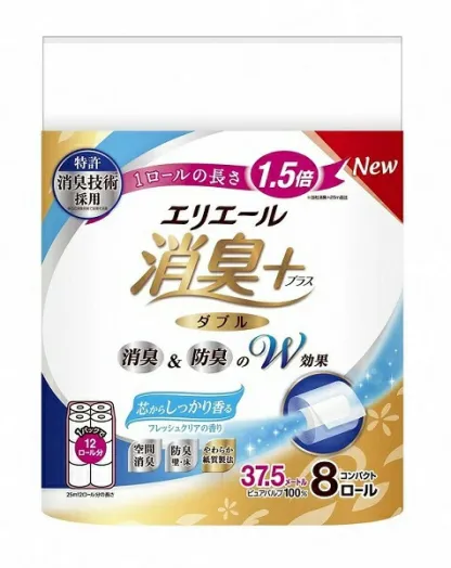 エリエール 消臭＋ トイレットティシュー しっかり香るフレッシュクリアの香り コンパクトダブル 【選べるロール数：32・64・96 ロール】　1.5倍巻 37.5m トイレットペーパー ダブル パルプ100％ 日用品 消耗品 備蓄 送料無料 