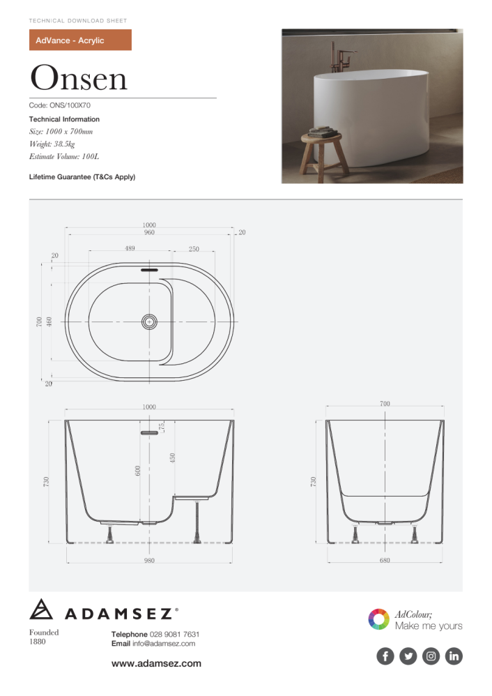 GS-ons-100x70 Onsen Freestanding Acrylic Plunge Bath 1000 x 700mm