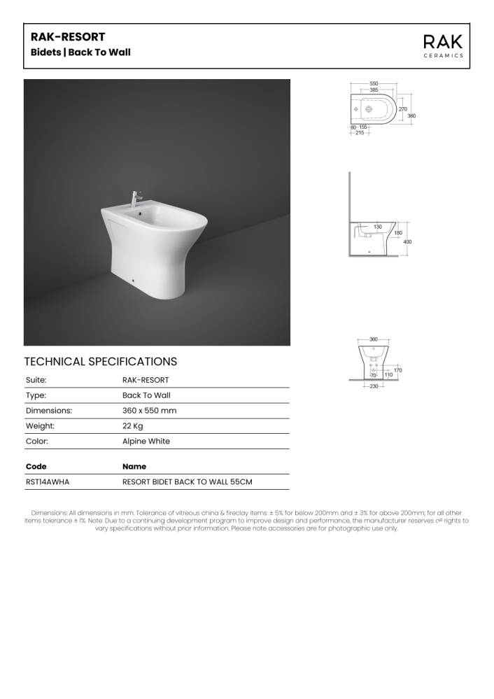 RAK Resort Back to Wall Bidet