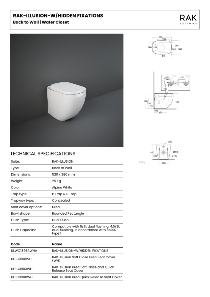 RAK Illusion Rimless Back to Wall Pan