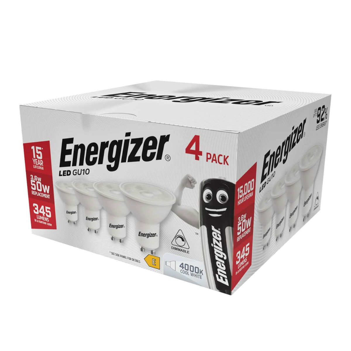S10328 Energizer LED GU10 345lm 3.6W 4,000K (Cool White) Dimmable, Box of 4