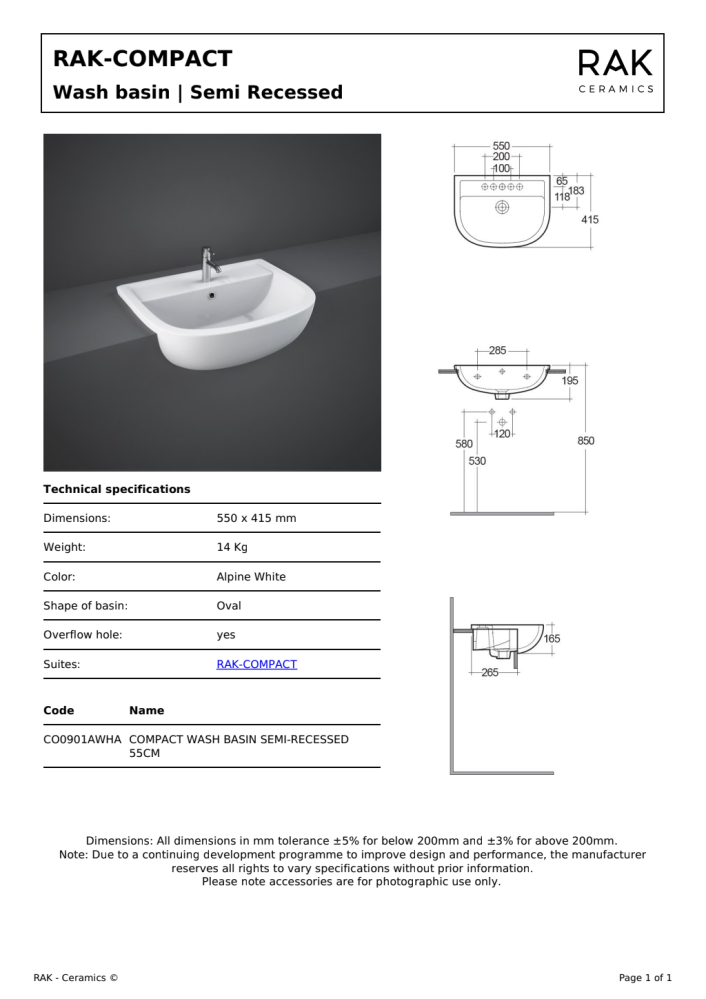 RAK Compact 55cm Semi Recessed Basin 1th
