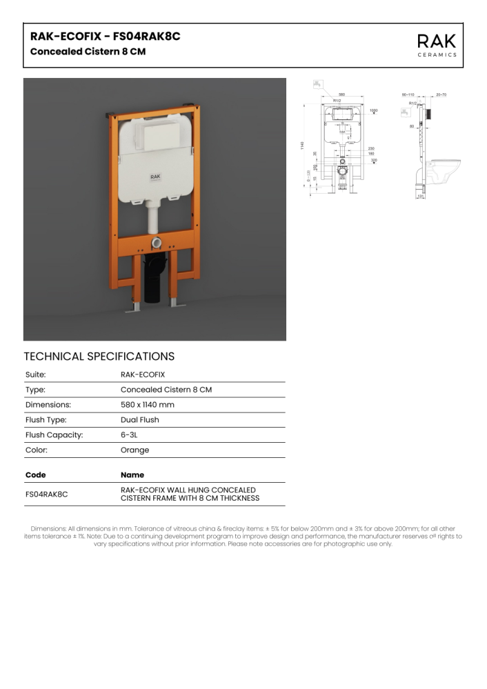 RAK-ECOFIX WALL HUNG CONCEALED CISTERN FRAME WITH 8 CM THICKNESS