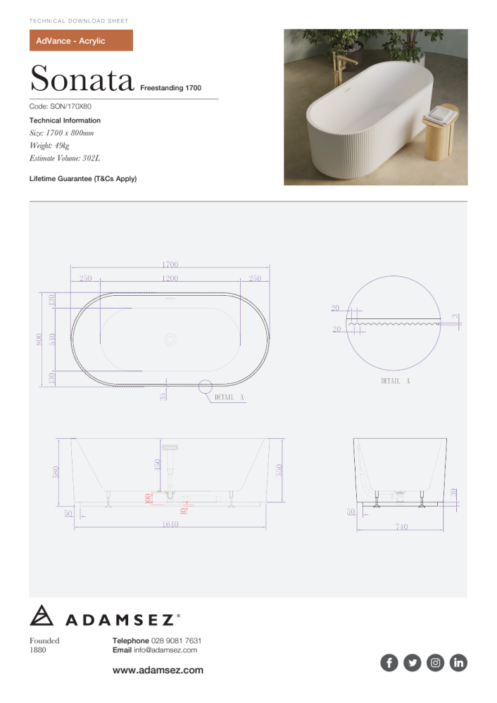 GS-son-170x80 Sonata Freestanding Acrylic Bath 1700 x 800mm