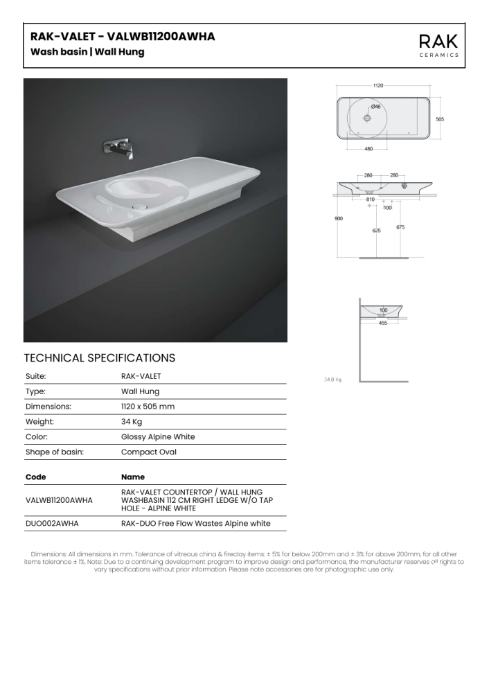 RAK Valet Basin Wall Hung/Countertop Right Ledge 0TH Gloss White 112cm