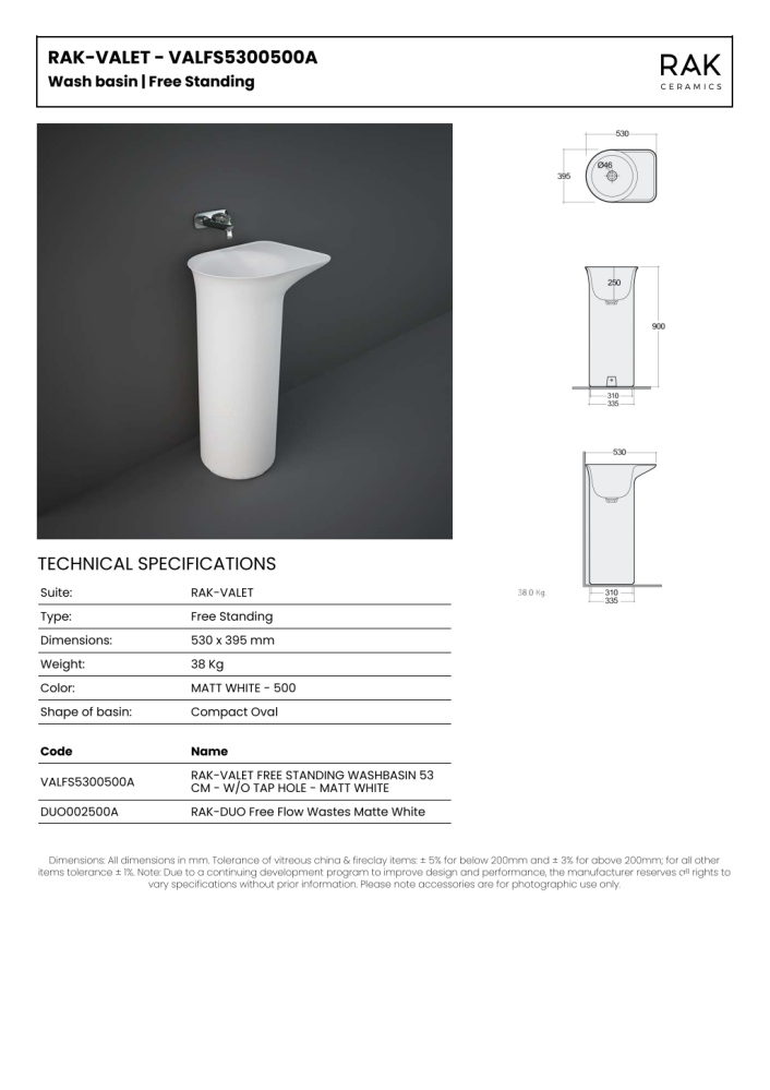 RAK Valet Free Standing Basin 0TH Matt White 530x395mm