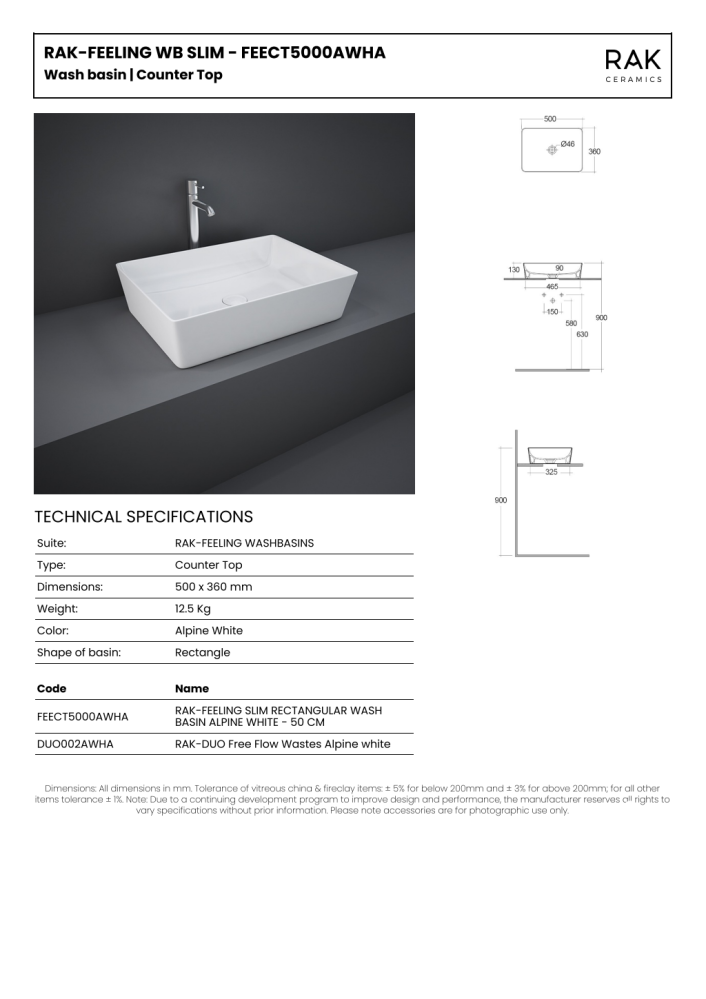 RAK Feeling 50cm Rectangular Counter Top Wash