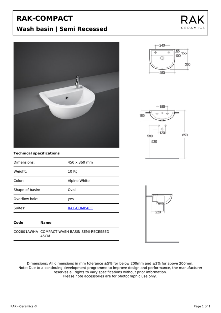 RAK Compact 45cm Semi Recessed Basin 1th RH