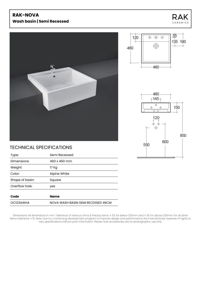 RAK Nova 46cm Semi Recessed Wash Basin 1th