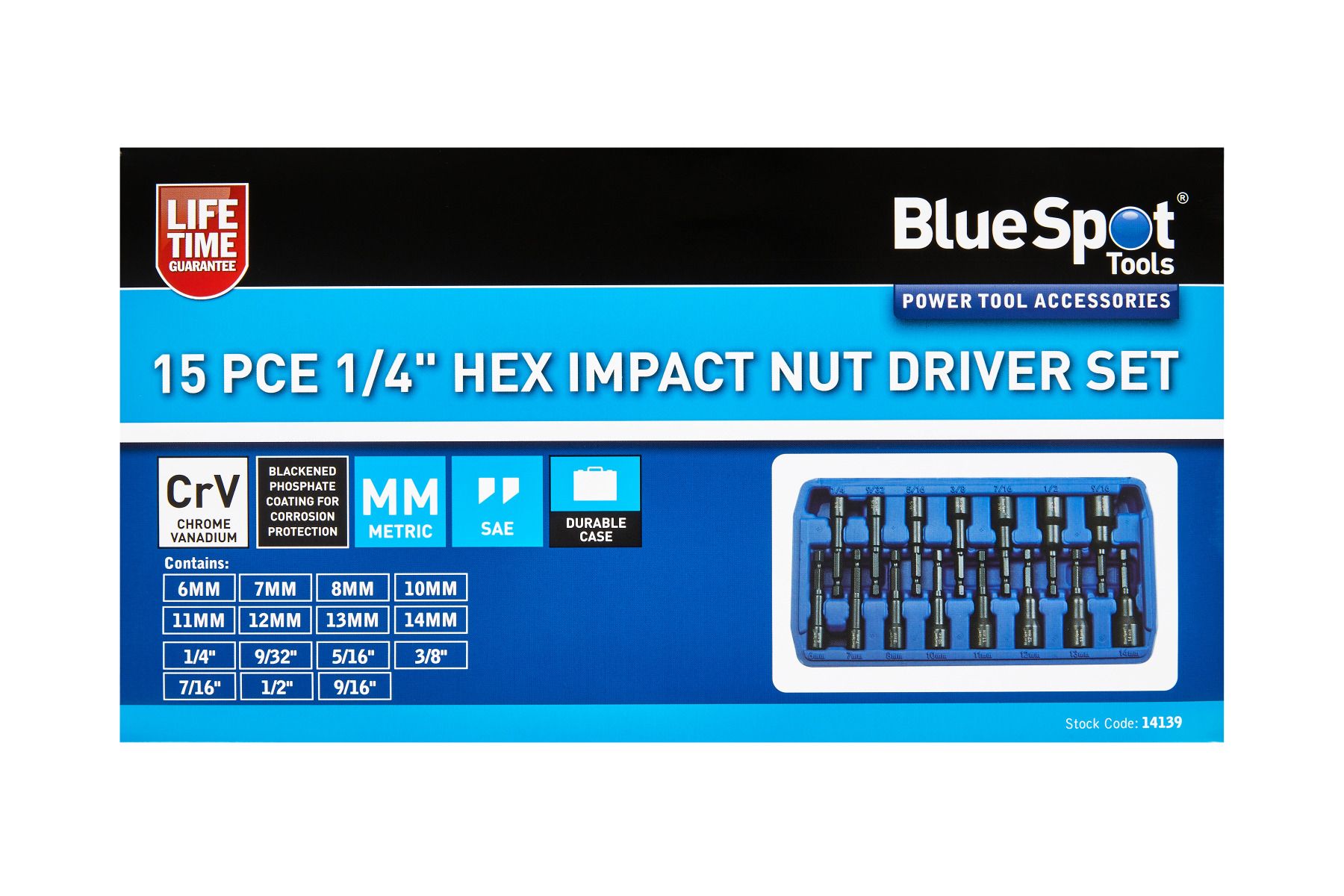 Blue Spot Tools 15 PCE 1/4" Hex Impact Nut Driver Set