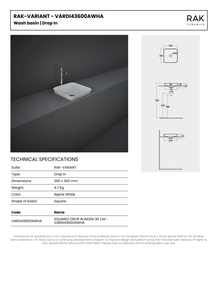 RAK-VARIANT SQUARED DROP IN BASIN 36 CM