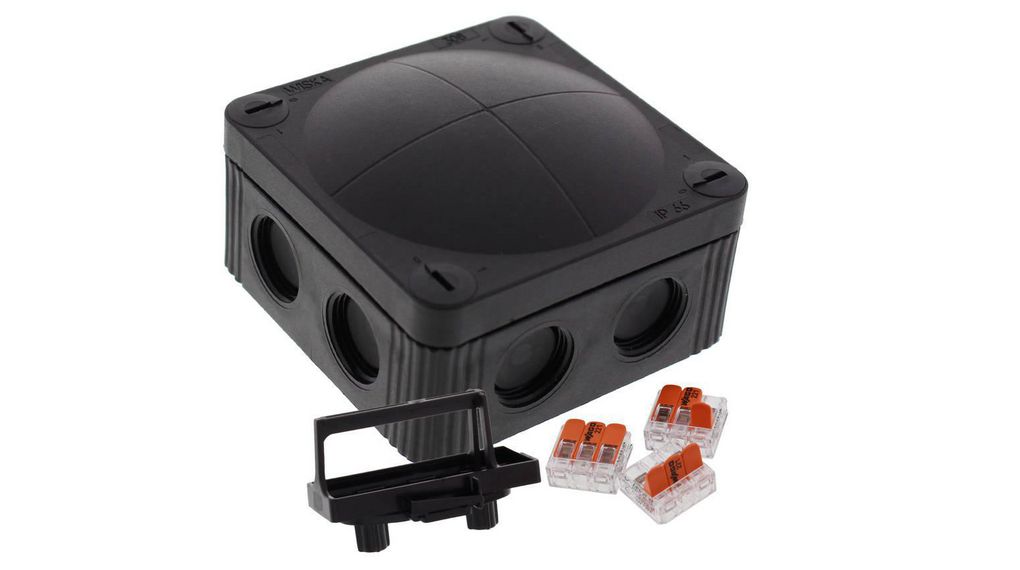 COMBI� 308 BK / 3-221-413 85 x 85 x 51mm, Polypropylene Junction Box, IP66/IP67, 8 x M20 Threaded Membrane Side Entries, 3 x WAGO 221-413 Terminals, Black