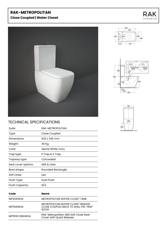 RAK-Metropolitan Close Coupled Fully Back to Wall Rimless Pan & Cistern