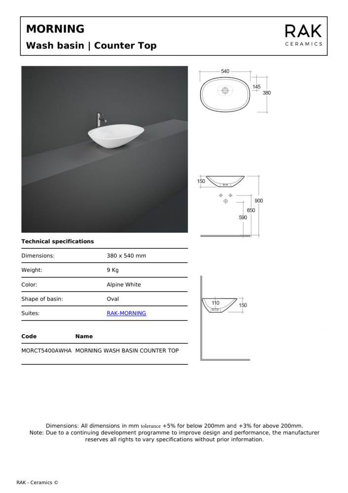 RAK Morning 54cm Sit on Bowl