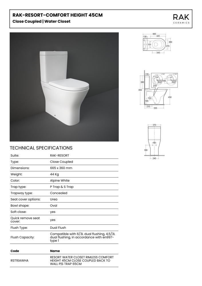 RAK Resort Maxi Close Coupled Fully Back to Wall WC Pan & Cistern For Mini & Maxi Pans