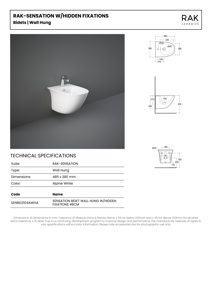 RAK Sensation Mini Wall hung Bidet 1th