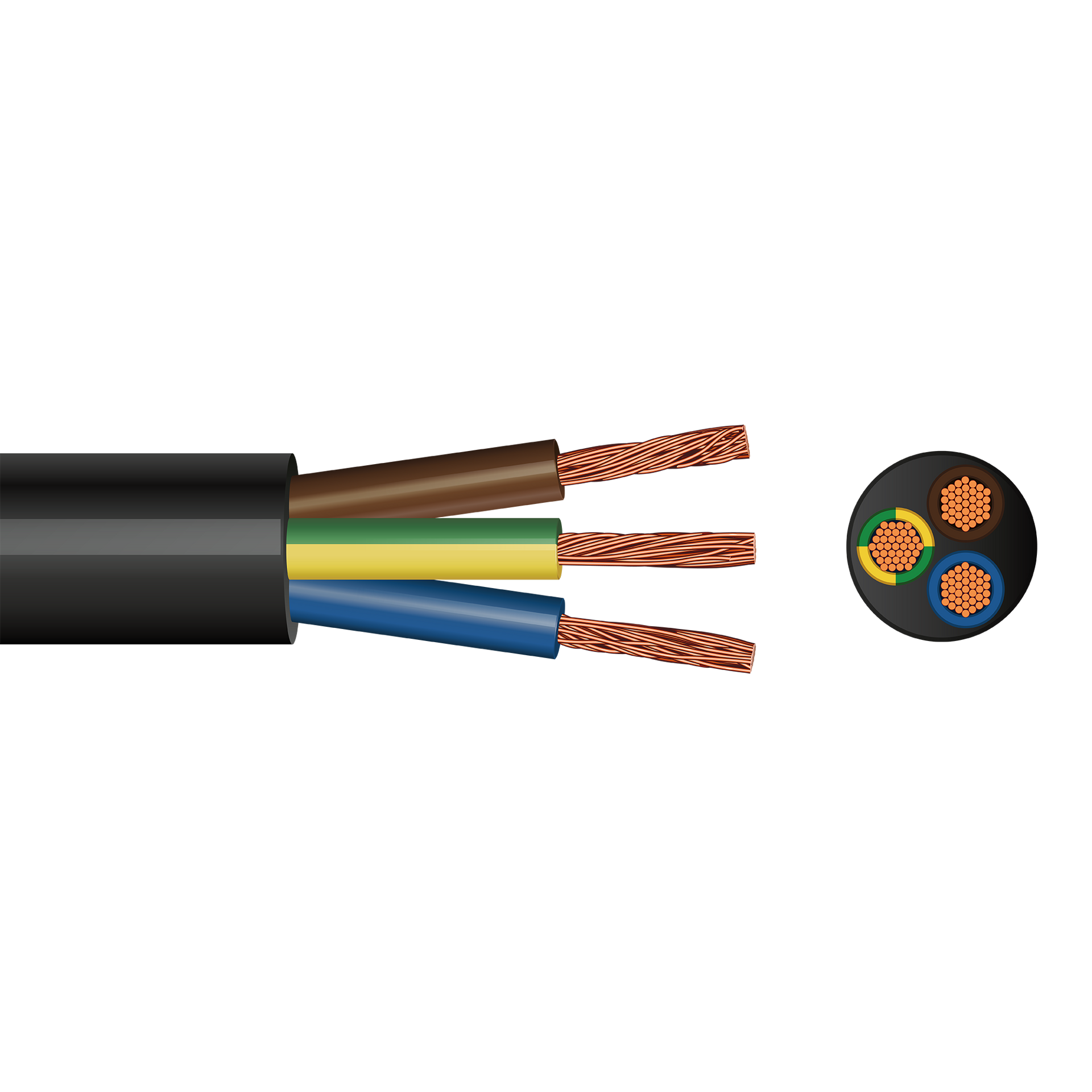 3183Y 3 Core Round Flex (Black with Brown, Blue, Green/Yellow) 1.5mm² x 100m