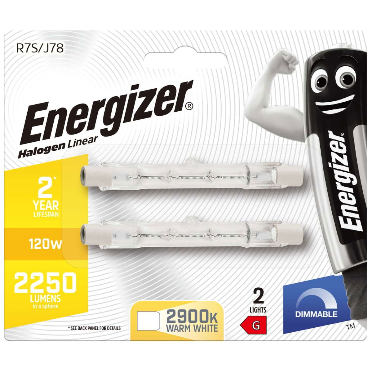 Energizer Halogen R7S Linear 2250lm 120W 2,900K 78mm (Warm White) Dimmable, Blister of 2