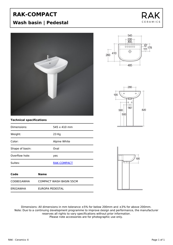 RAK Compact 55cm Basin 1th