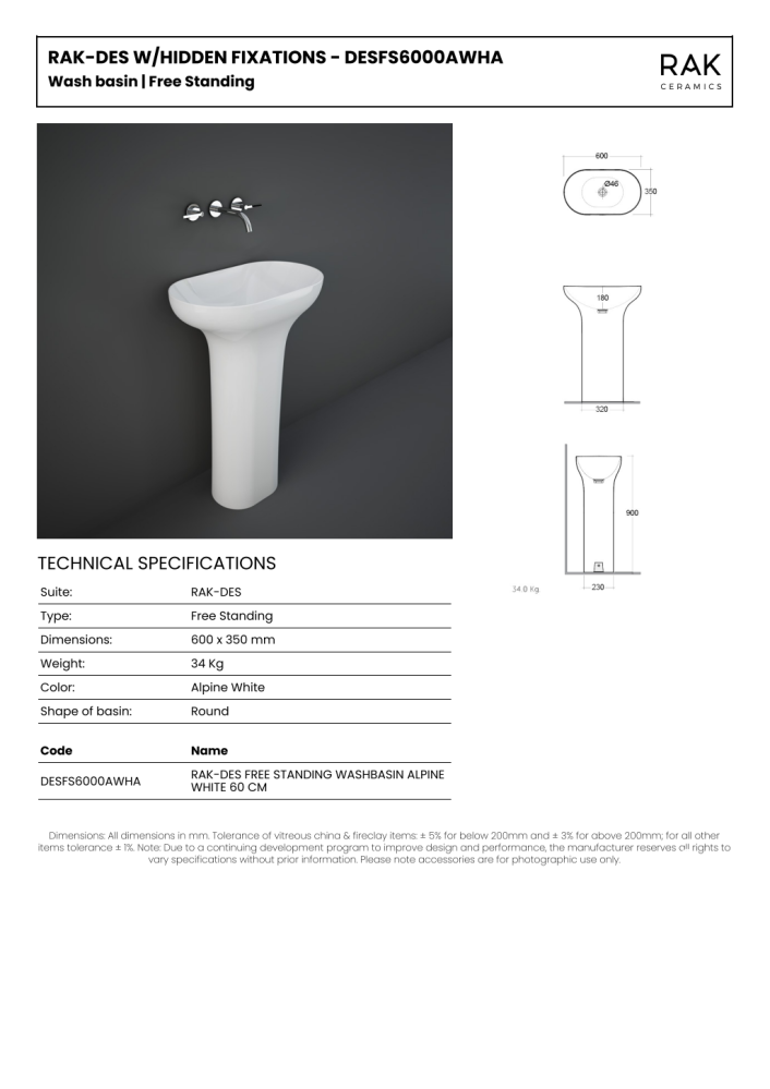 RAK Des Freestanding Wash Basin 1th 600x350mm