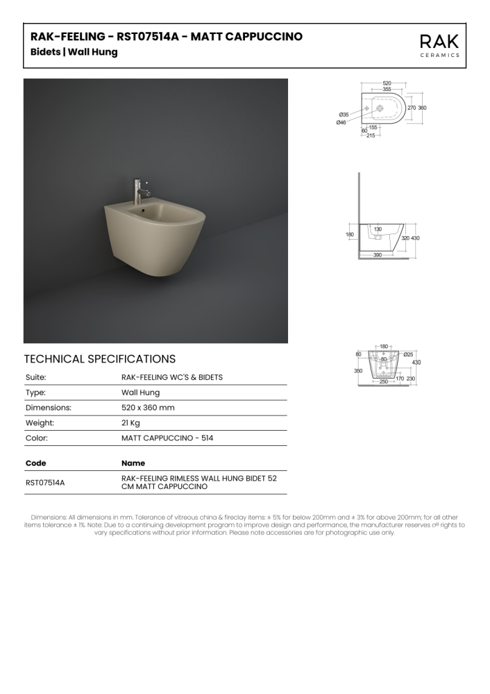 RAK Feeling Wall Hung Bidet in Matt Cappuccino