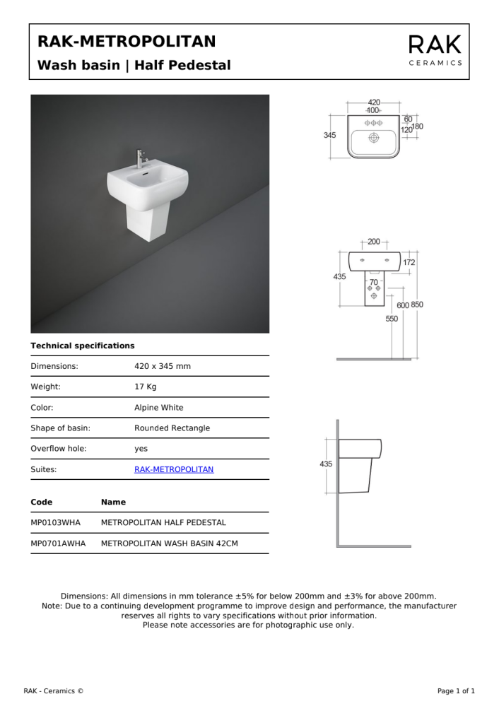 RAK Metropolitan Half Pedestal for 52cm Basin