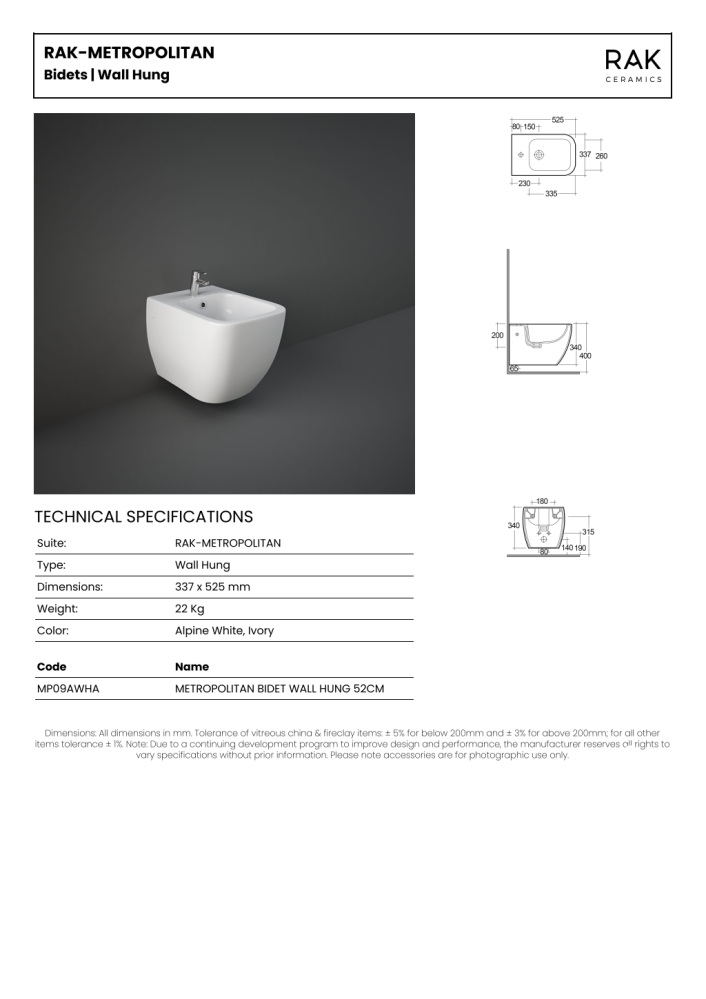 RAK Metropolitan Wall Hung Bidet