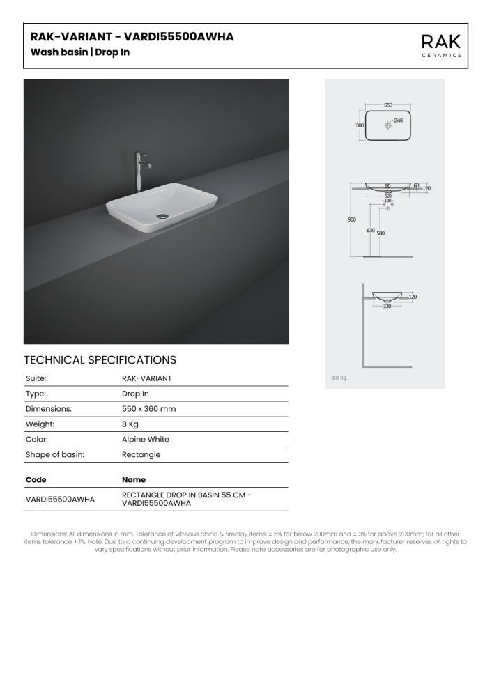 RAK-VARIANTRECTANGLE DROP IN BASIN 55 CM
