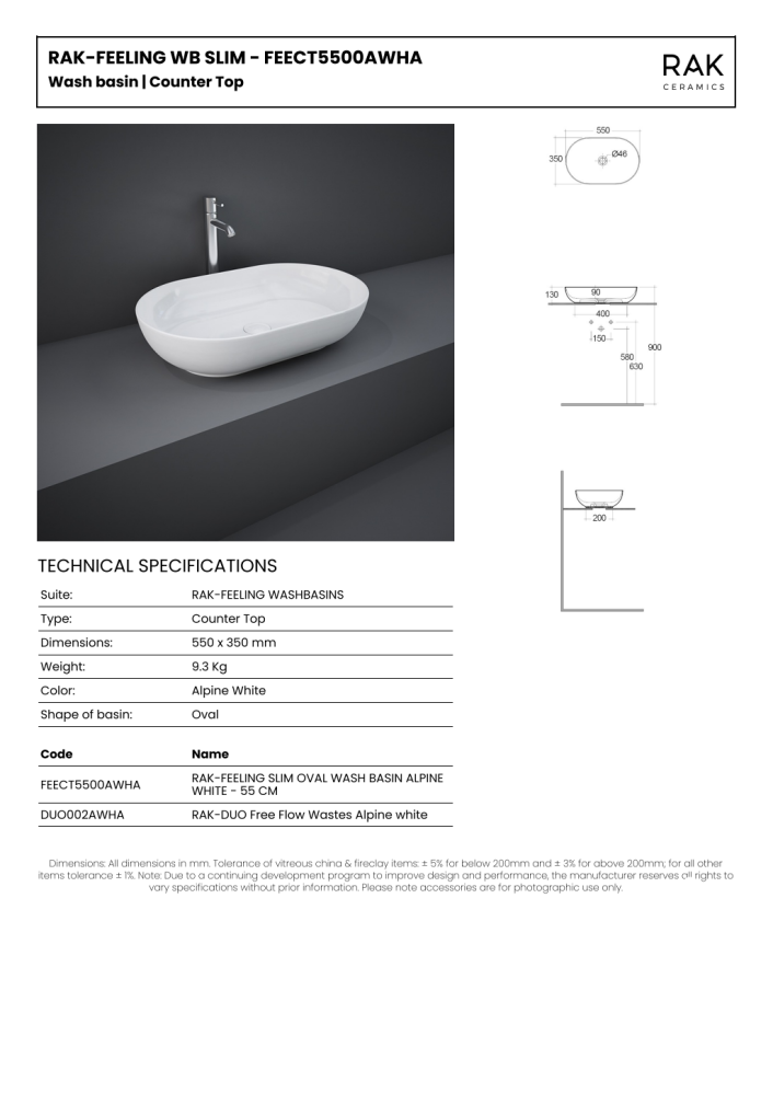 RAK Feeling 55cm Oval Counter Top Wash Basin