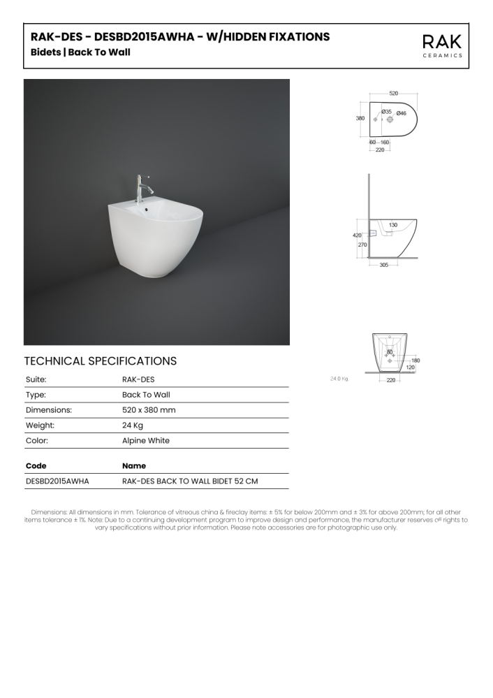 RAK Des Back to Wall Bidet 1th