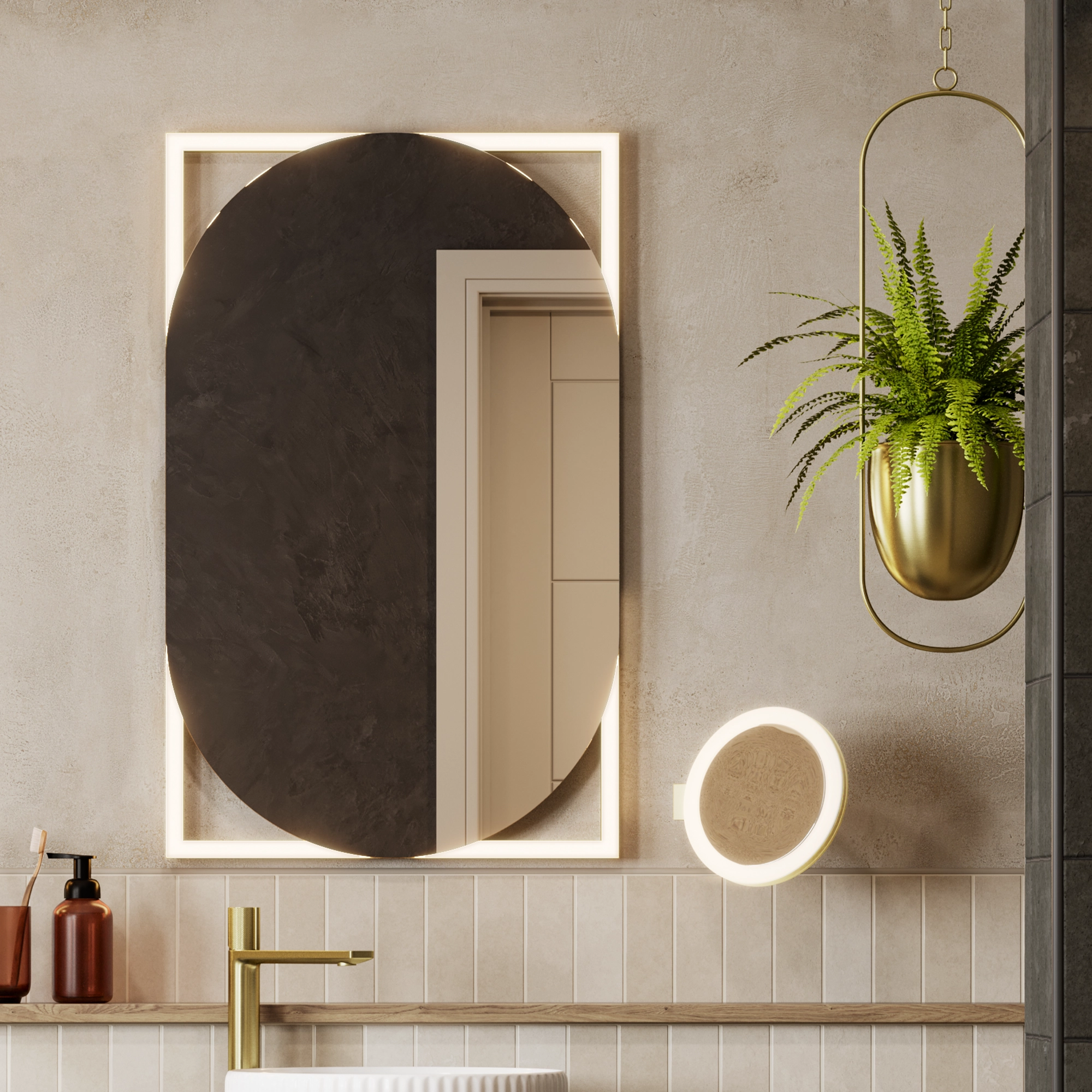 Rubin Brushed Brass Round LED Illuminated Bathroom Mirror – 50 cm Wall Mounted