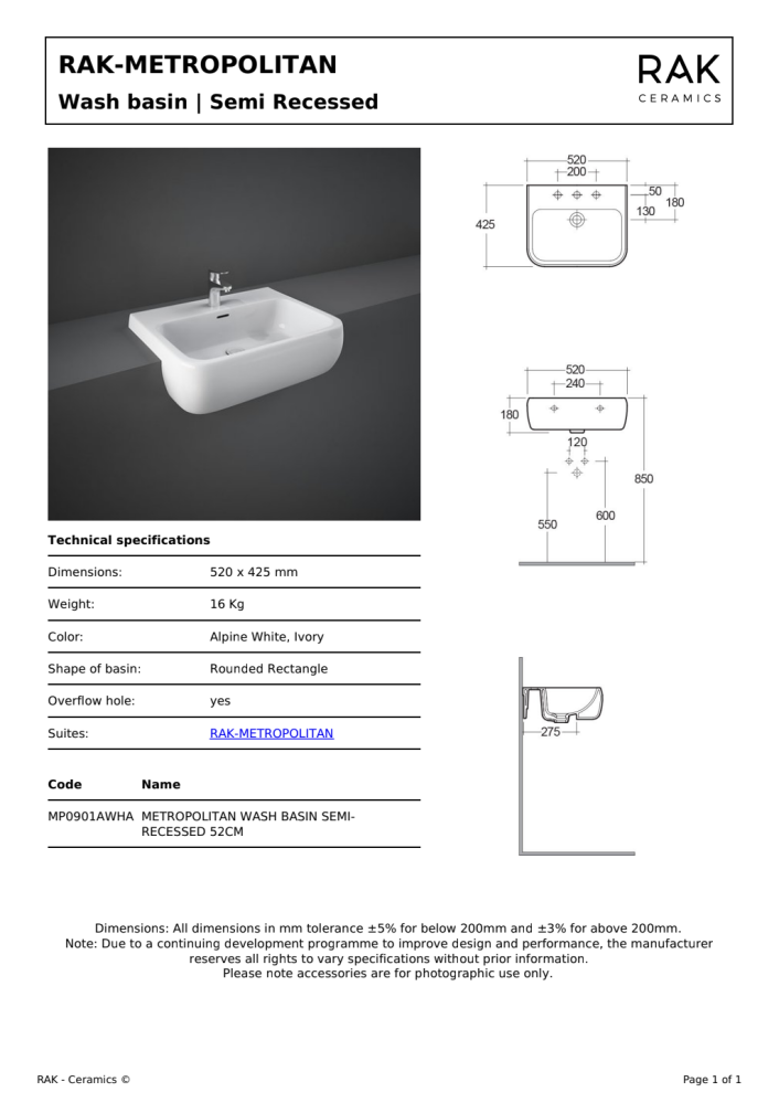 RAK Metropolitan 52cm Semi Recessed Basin 1th