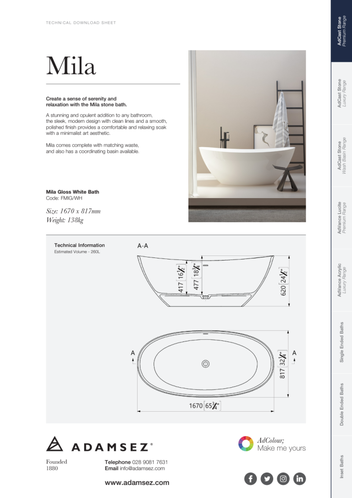 GS-fmig-wh Mila Freestanding Stone Bath 1670 x 817mm — Gloss White