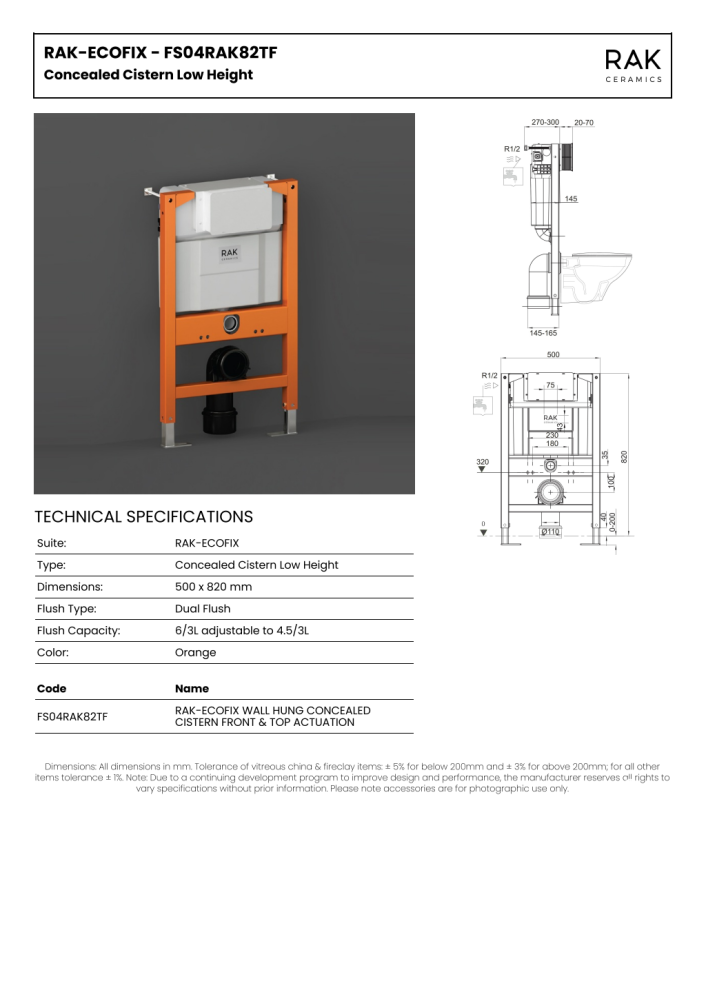 RAK-ECOFIX WALL HUNG CONCEALED CISTERN FRONT & TOP ACTUATION